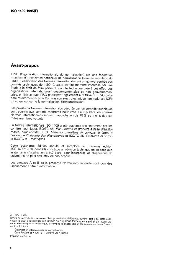 ISO 1409:1995 ISO 1409:1995 - Plastiques/caoutchouc -- Dispersions de polymeres et latex de caoutchouc (naturel et synthétique) -- Détermination de la tension superficielle par la méthode de l'anneau - Page 2 preview