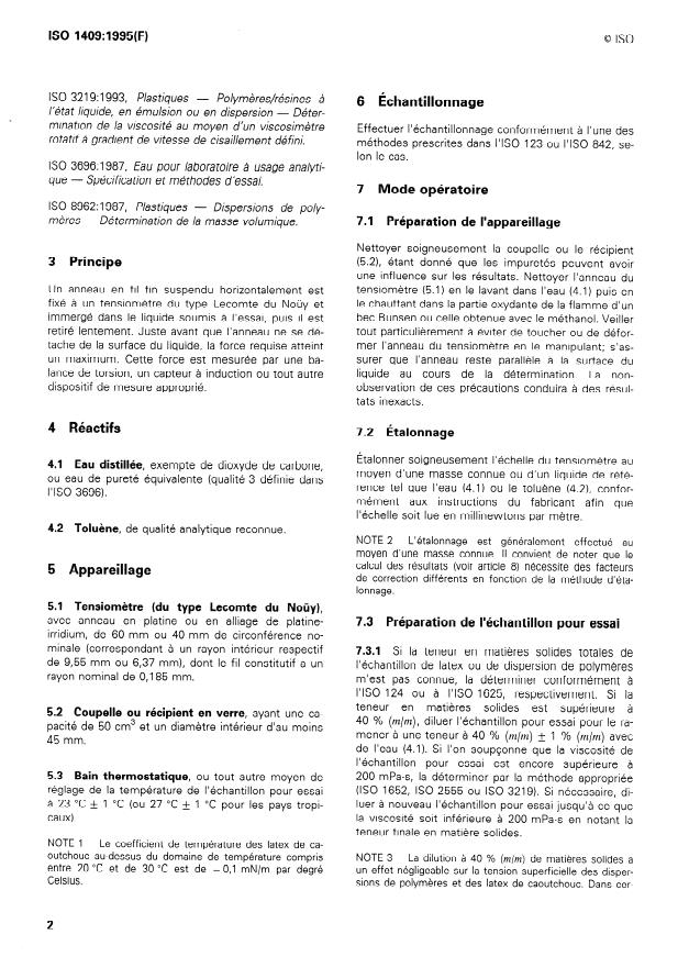 ISO 1409:1995 ISO 1409:1995 - Plastiques/caoutchouc -- Dispersions de polymeres et latex de caoutchouc (naturel et synthétique) -- Détermination de la tension superficielle par la méthode de l'anneau - Page 4 preview
