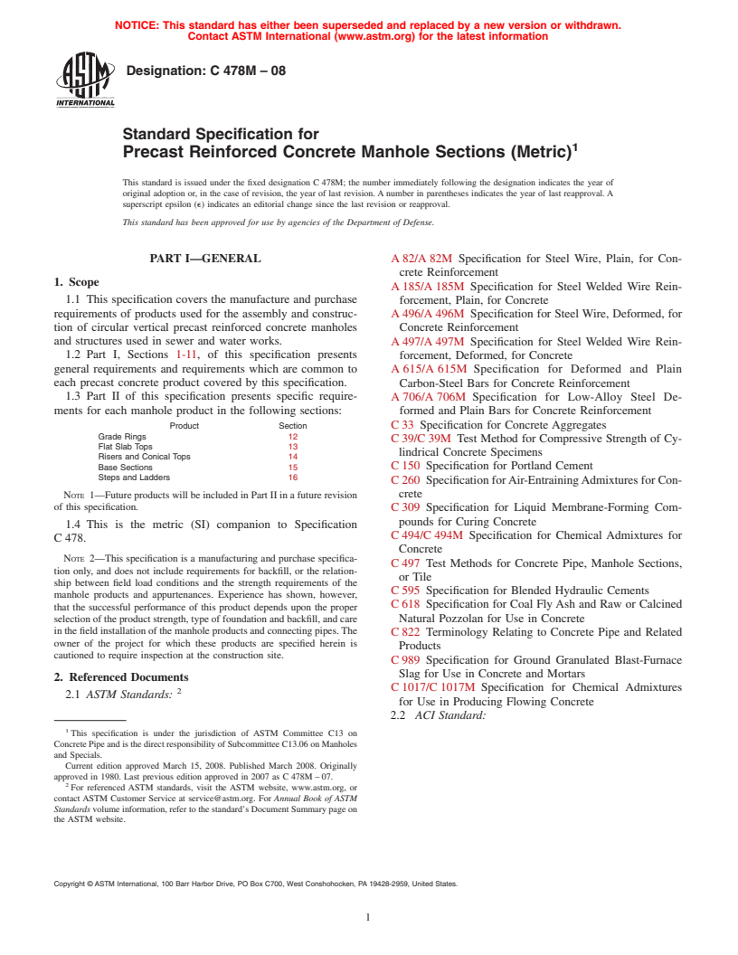 ASTM C478M-08 - Standard Specification for Precast Reinforced Concrete Manhole Sections [Metric]