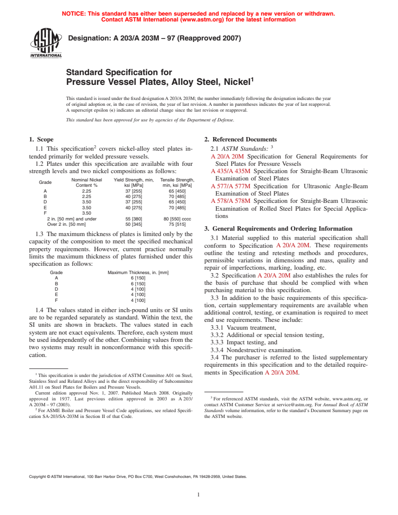 ASTM A203/A203M-97(2007) - Standard Specification for  Pressure Vessel Plates, Alloy Steel, Nickel