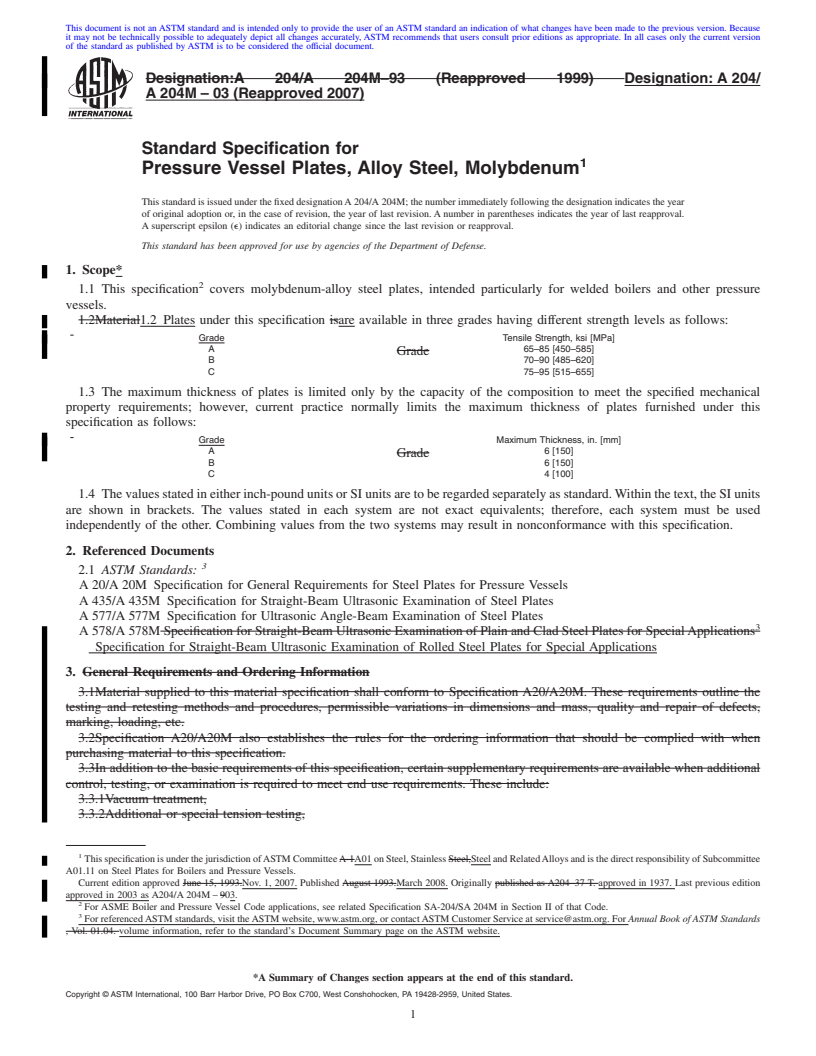 REDLINE ASTM A204/A204M-03(2007) - Standard Specification for  Pressure Vessel Plates, Alloy Steel, Molybdenum