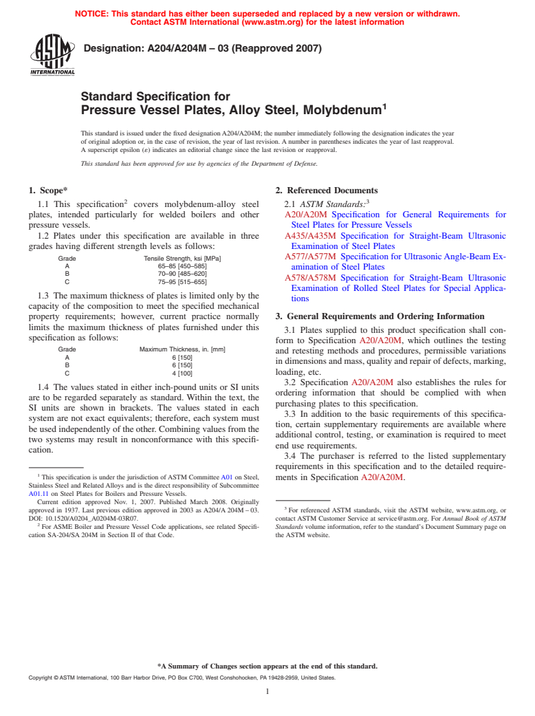 ASTM A204/A204M-03(2007) - Standard Specification for  Pressure Vessel Plates, Alloy Steel, Molybdenum