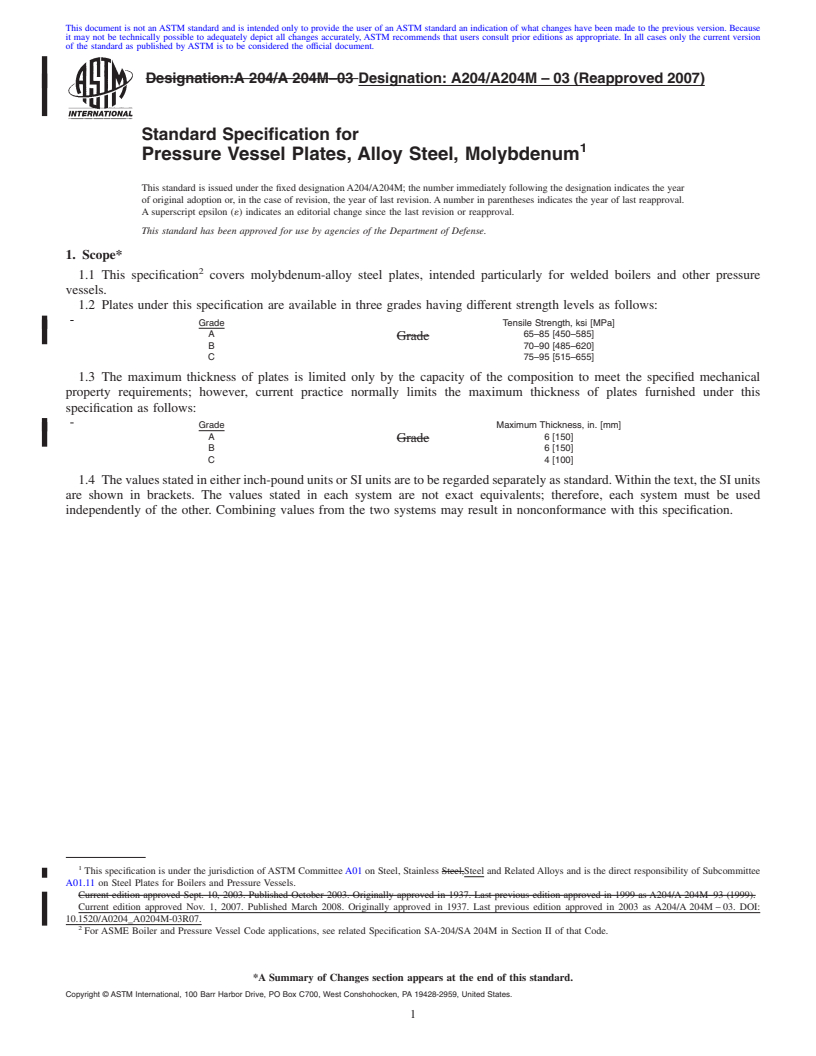 REDLINE ASTM A204/A204M-03(2007) - Standard Specification for  Pressure Vessel Plates, Alloy Steel, Molybdenum