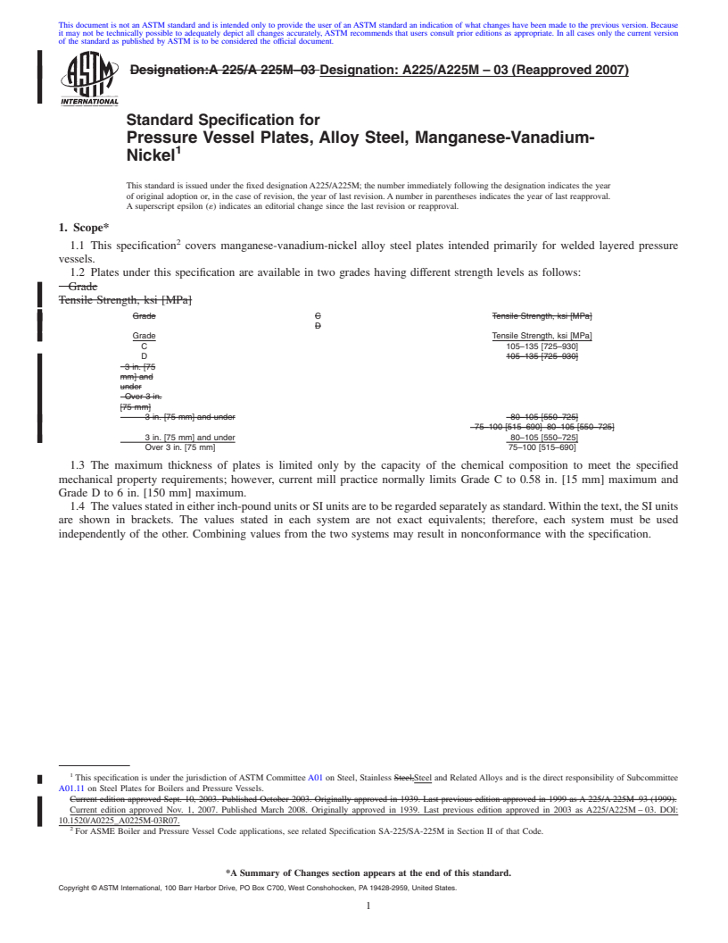 REDLINE ASTM A225/A225M-03(2007) - Standard Specification for  Pressure Vessel Plates, Alloy Steel, Manganese-Vanadium-Nickel