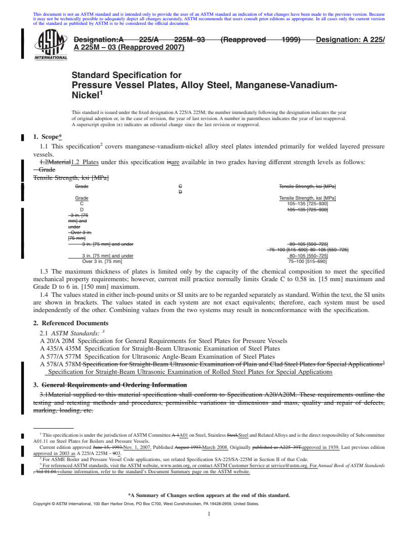 REDLINE ASTM A225/A225M-03(2007) - Standard Specification for  Pressure Vessel Plates, Alloy Steel, Manganese-Vanadium-Nickel