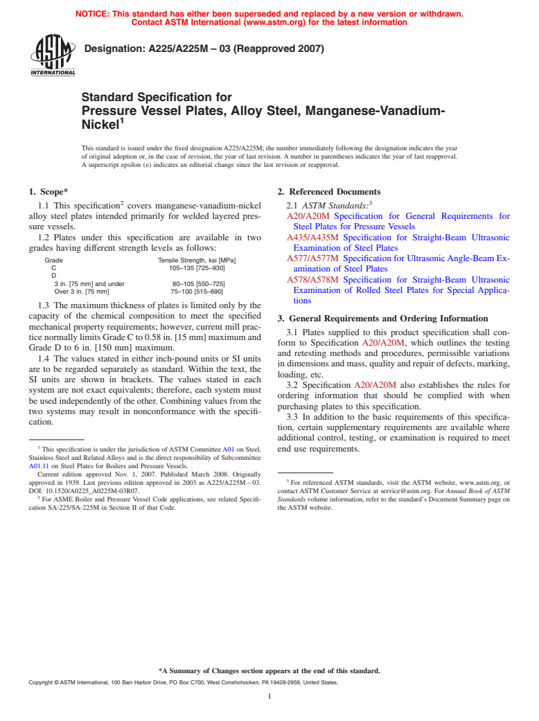 ASTM A225/A225M-03(2007) - Standard Specification for  Pressure Vessel Plates, Alloy Steel, Manganese-Vanadium-Nickel