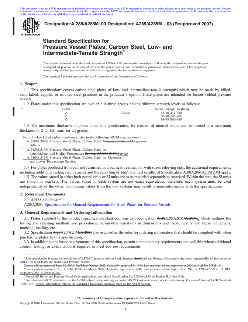 REDLINE ASTM A285/A285M-03(2007) - Standard Specification for  Pressure Vessel Plates, Carbon Steel, Low- and Intermediate-Tensile Strength