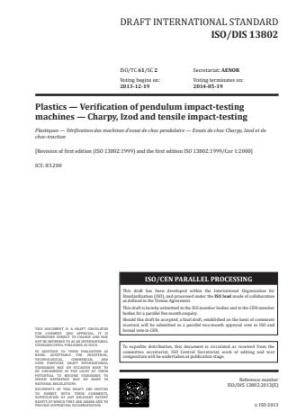 ISO 13802:2015 - Plastics -- Verification of pendulum impact-testing machines -- Charpy, Izod and tensile impact-testing