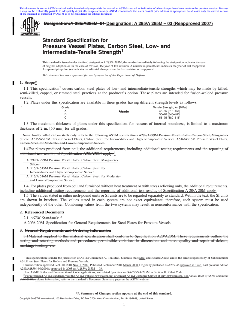 REDLINE ASTM A285/A285M-03(2007) - Standard Specification for  Pressure Vessel Plates, Carbon Steel, Low- and Intermediate-Tensile Strength