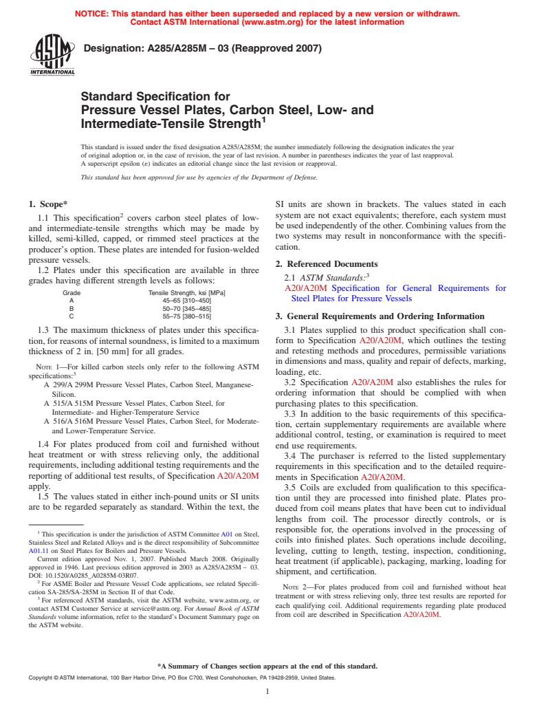 ASTM A285/A285M-03(2007) - Standard Specification for  Pressure Vessel Plates, Carbon Steel, Low- and Intermediate-Tensile Strength