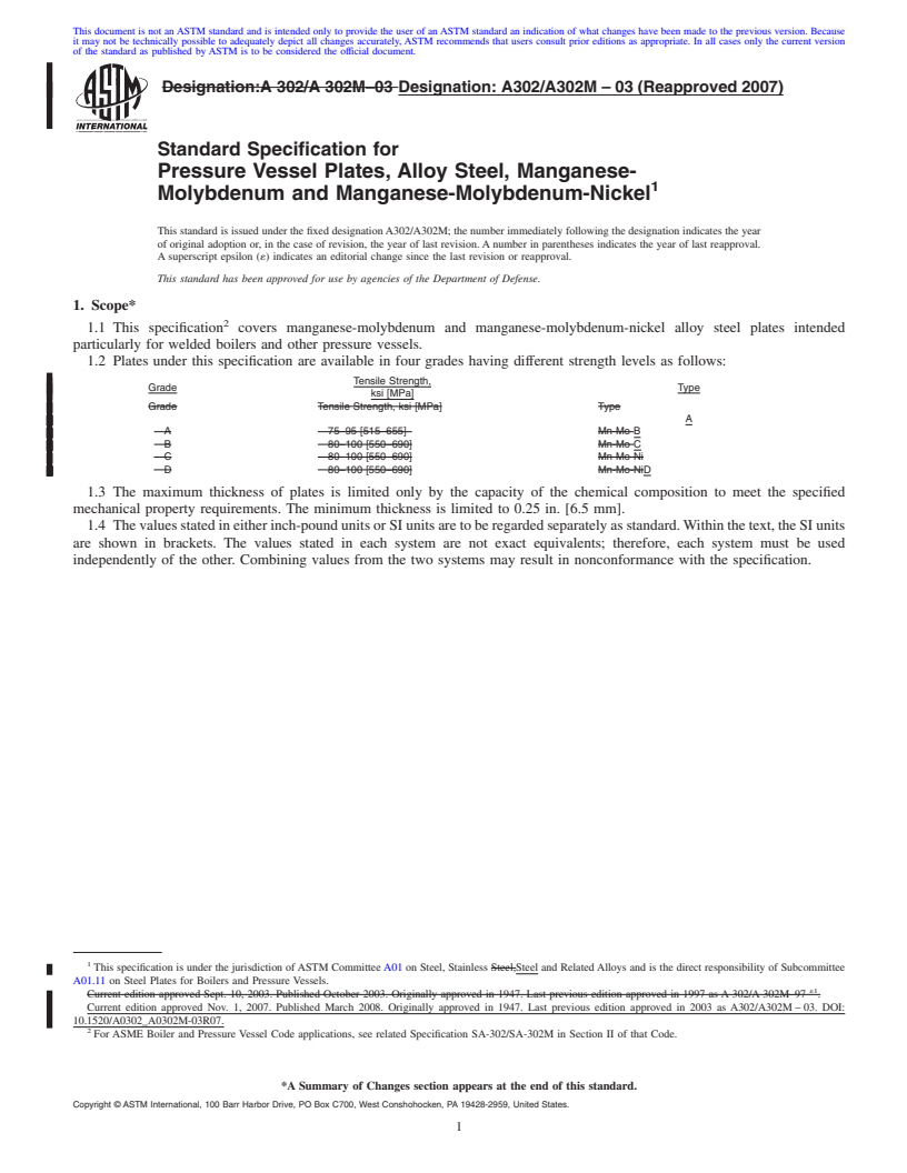 REDLINE ASTM A302/A302M-03(2007) - Standard Specification for  Pressure Vessel Plates, Alloy Steel, Manganese-Molybdenum and Manganese-Molybdenum-Nickel