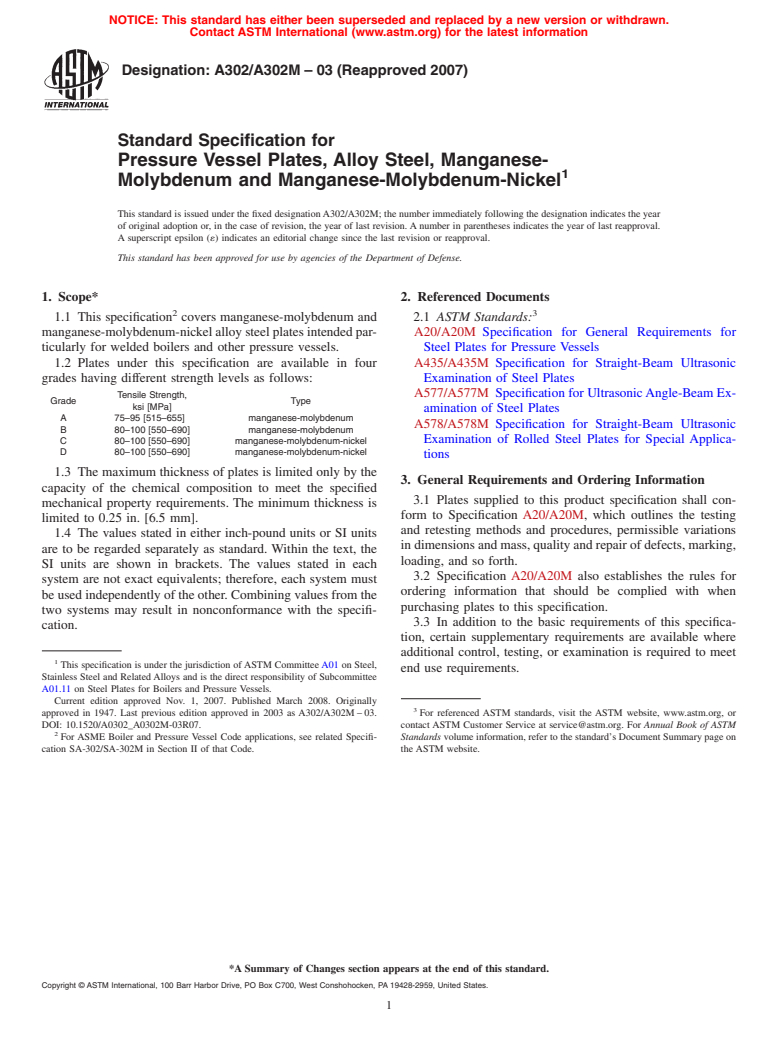 ASTM A302/A302M-03(2007) - Standard Specification for  Pressure Vessel Plates, Alloy Steel, Manganese-Molybdenum and Manganese-Molybdenum-Nickel