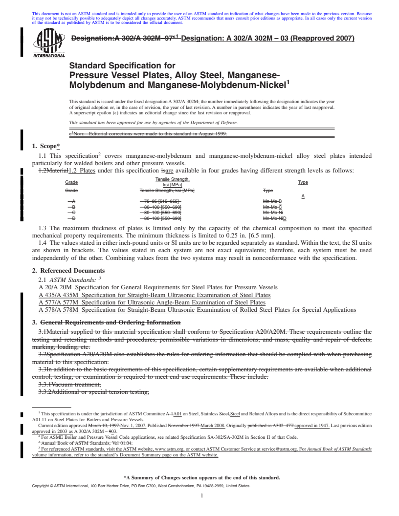 REDLINE ASTM A302/A302M-03(2007) - Standard Specification for  Pressure Vessel Plates, Alloy Steel, Manganese-Molybdenum and Manganese-Molybdenum-Nickel