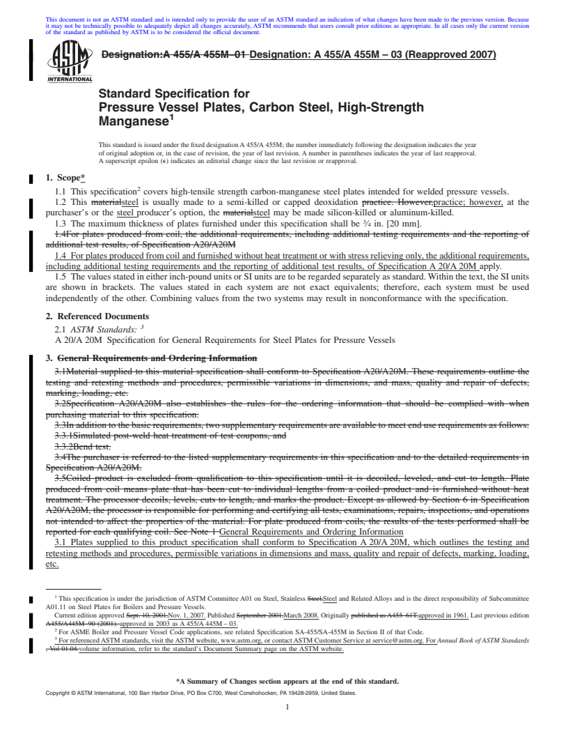 REDLINE ASTM A455/A455M-03(2007) - Standard Specification for  Pressure Vessel Plates, Carbon Steel, High-Strength Manganese