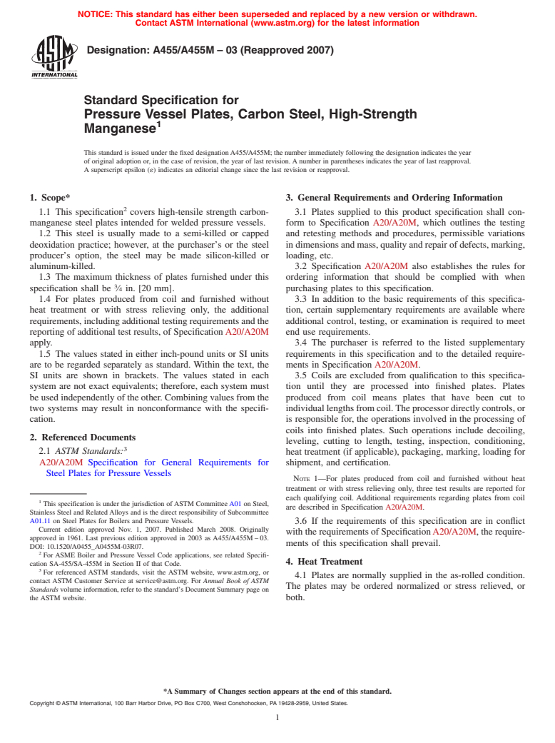 ASTM A455/A455M-03(2007) - Standard Specification for  Pressure Vessel Plates, Carbon Steel, High-Strength Manganese