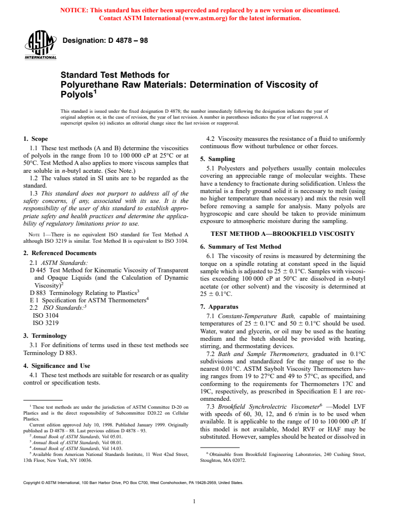 ASTM D4878-98 - Standard Test Methods for Polyurethane Raw Materials  Determination of Viscosity of Polyols