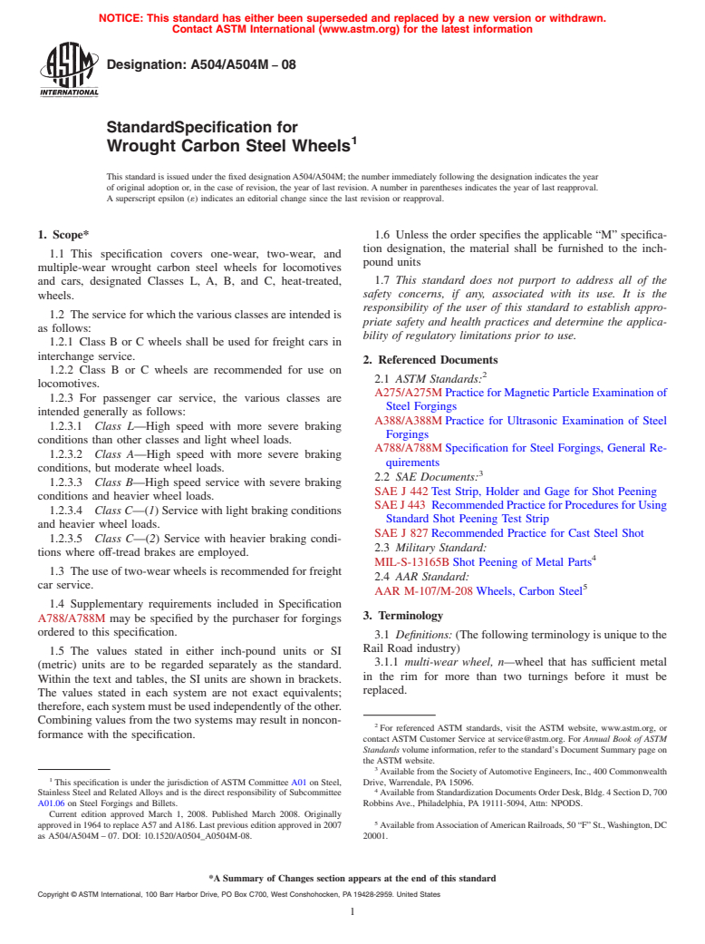 ASTM A504/A504M-08 - Standard Specification for  Wrought Carbon Steel Wheels