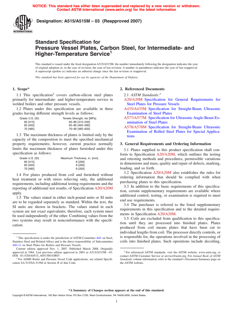 ASTM A515/A515M-03(2007) - Standard Specification for  Pressure Vessel Plates, Carbon Steel, for Intermediate- and Higher-Temperature Service