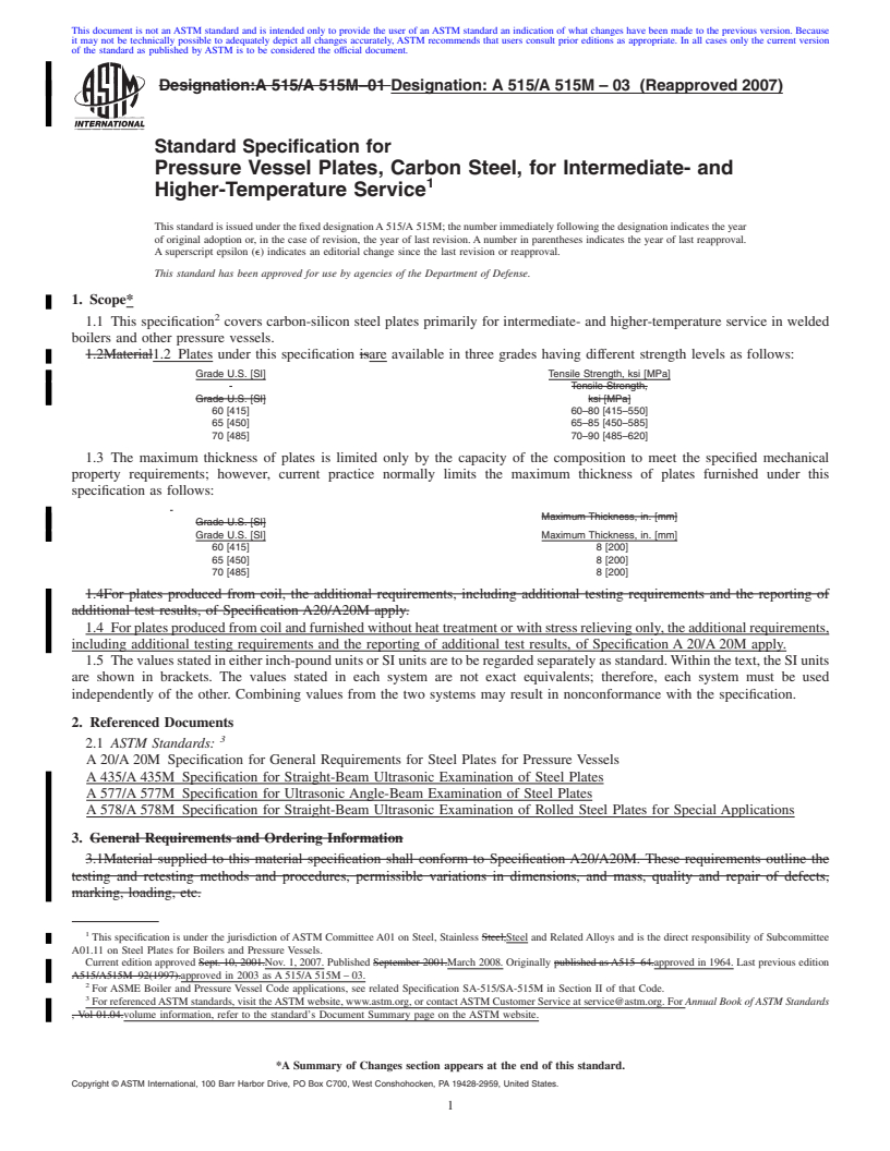 REDLINE ASTM A515/A515M-03(2007) - Standard Specification for  Pressure Vessel Plates, Carbon Steel, for Intermediate- and Higher-Temperature Service