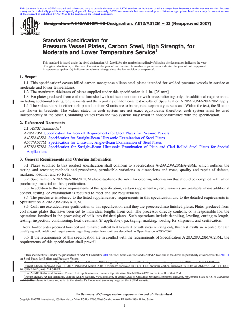 REDLINE ASTM A612/A612M-03(2007) - Standard Specification for  Pressure Vessel Plates, Carbon Steel, High Strength, for Moderate and Lower Temperature Service