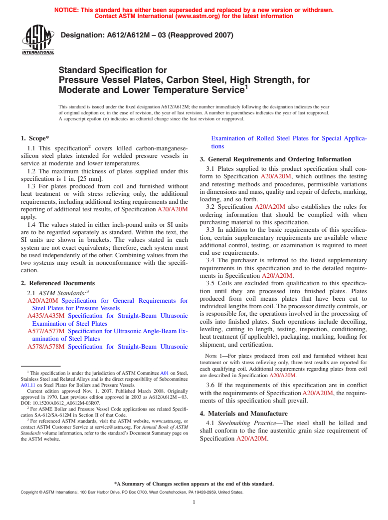 ASTM A612/A612M-03(2007) - Standard Specification for  Pressure Vessel Plates, Carbon Steel, High Strength, for Moderate and Lower Temperature Service