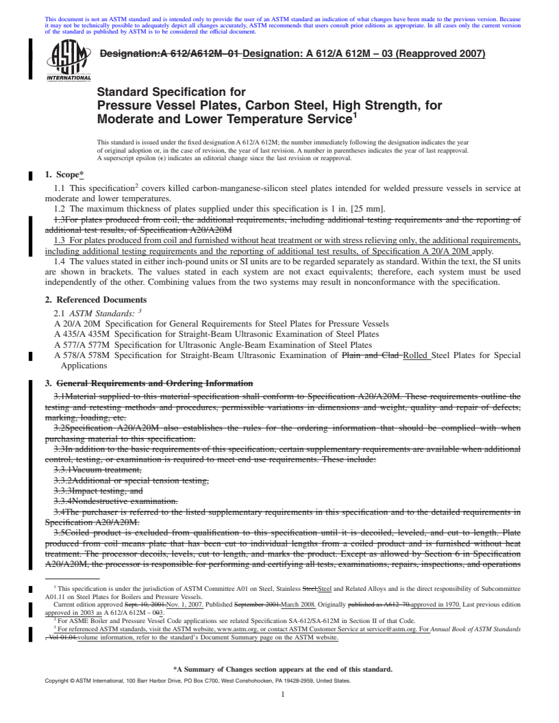 REDLINE ASTM A612/A612M-03(2007) - Standard Specification for  Pressure Vessel Plates, Carbon Steel, High Strength, for Moderate and Lower Temperature Service