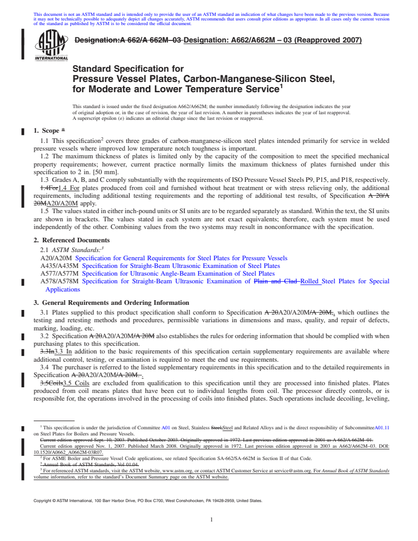 REDLINE ASTM A662/A662M-03(2007) - Standard Specification for Pressure Vessel Plates, Carbon-Manganese-Silicon Steel, for Moderate and Lower Temperature Service