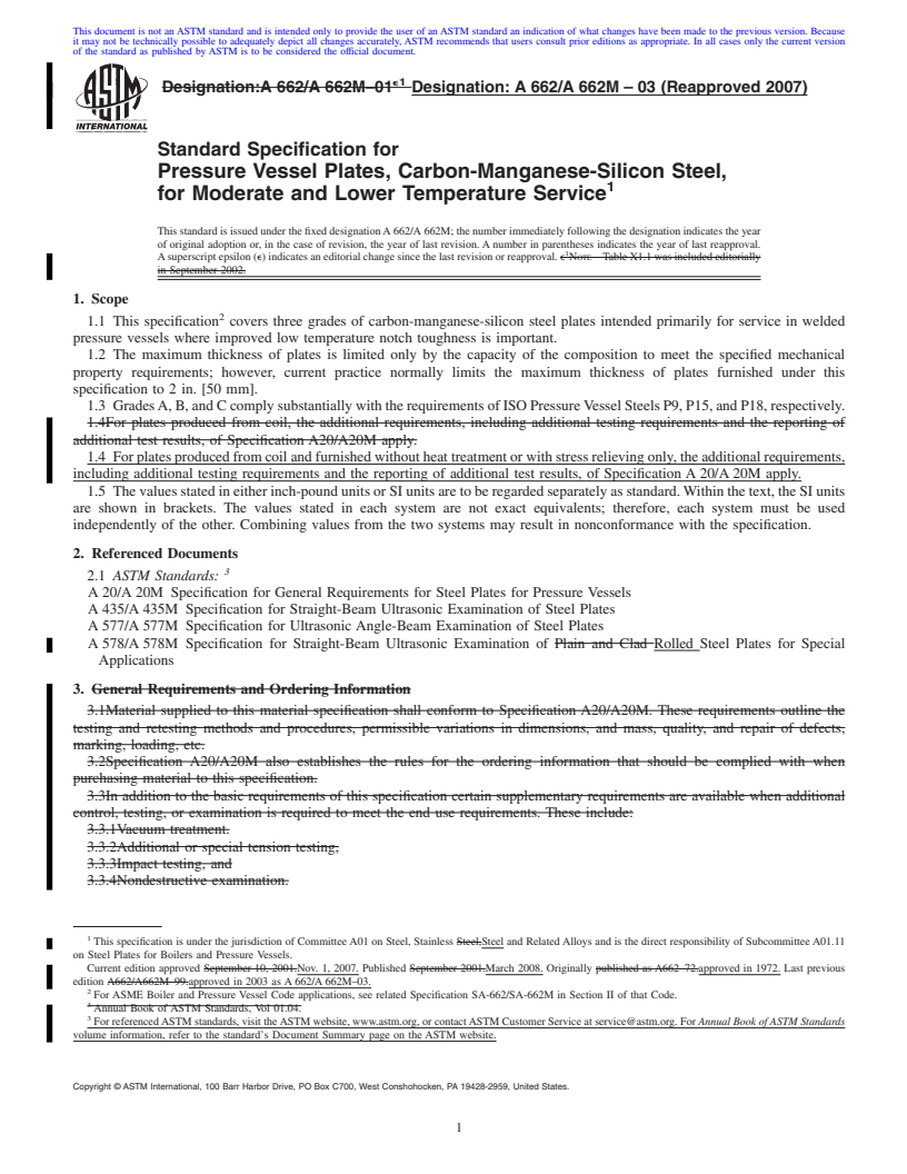 REDLINE ASTM A662/A662M-03(2007) - Standard Specification for Pressure Vessel Plates, Carbon-Manganese-Silicon Steel, for Moderate and Lower Temperature Service