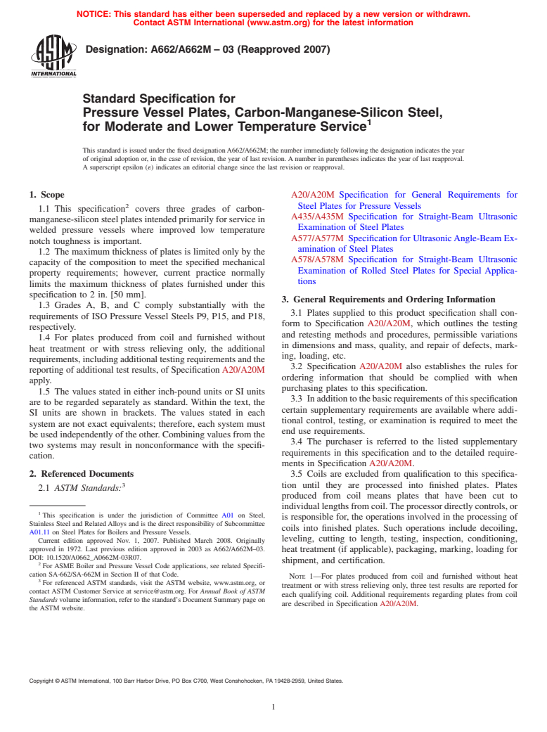 ASTM A662/A662M-03(2007) - Standard Specification for Pressure Vessel Plates, Carbon-Manganese-Silicon Steel, for Moderate and Lower Temperature Service