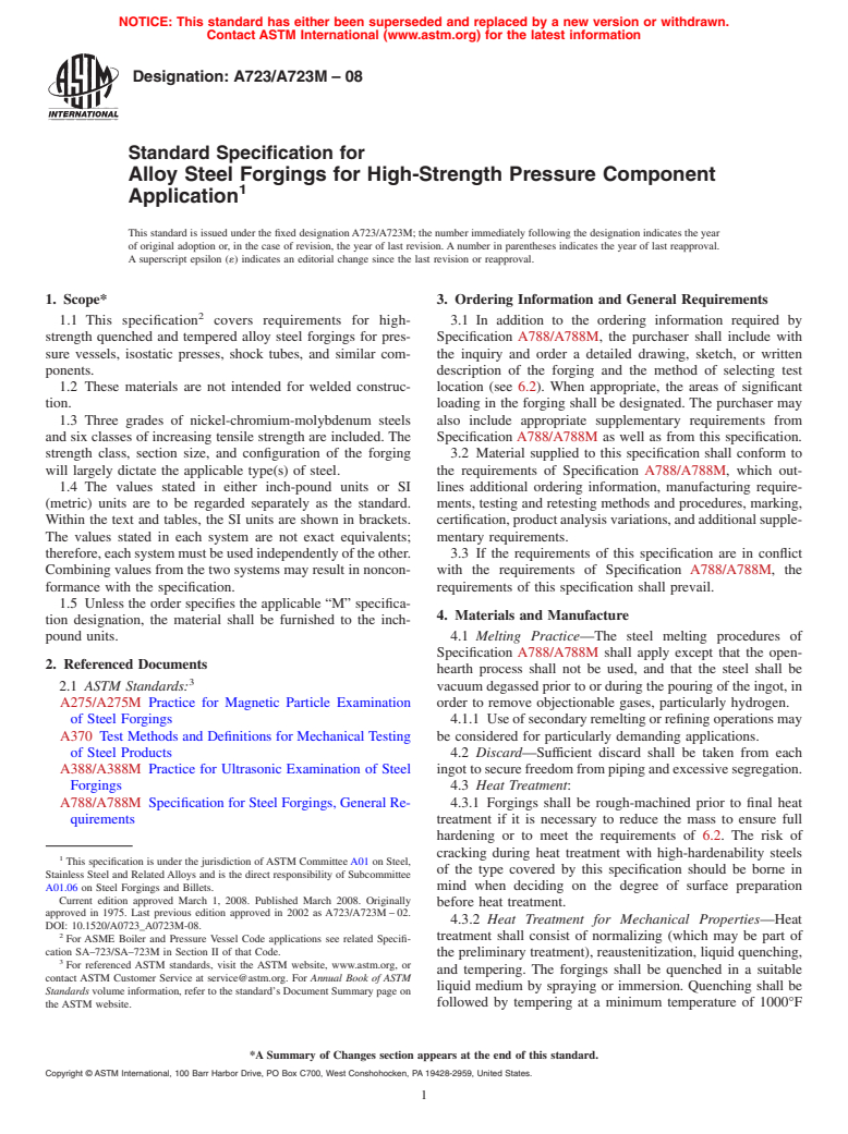 ASTM A723/A723M-08 - Standard Specification for  Alloy Steel Forgings for High-Strength Pressure Component Application