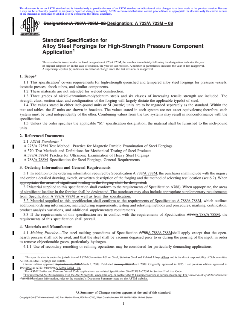 REDLINE ASTM A723/A723M-08 - Standard Specification for  Alloy Steel Forgings for High-Strength Pressure Component Application