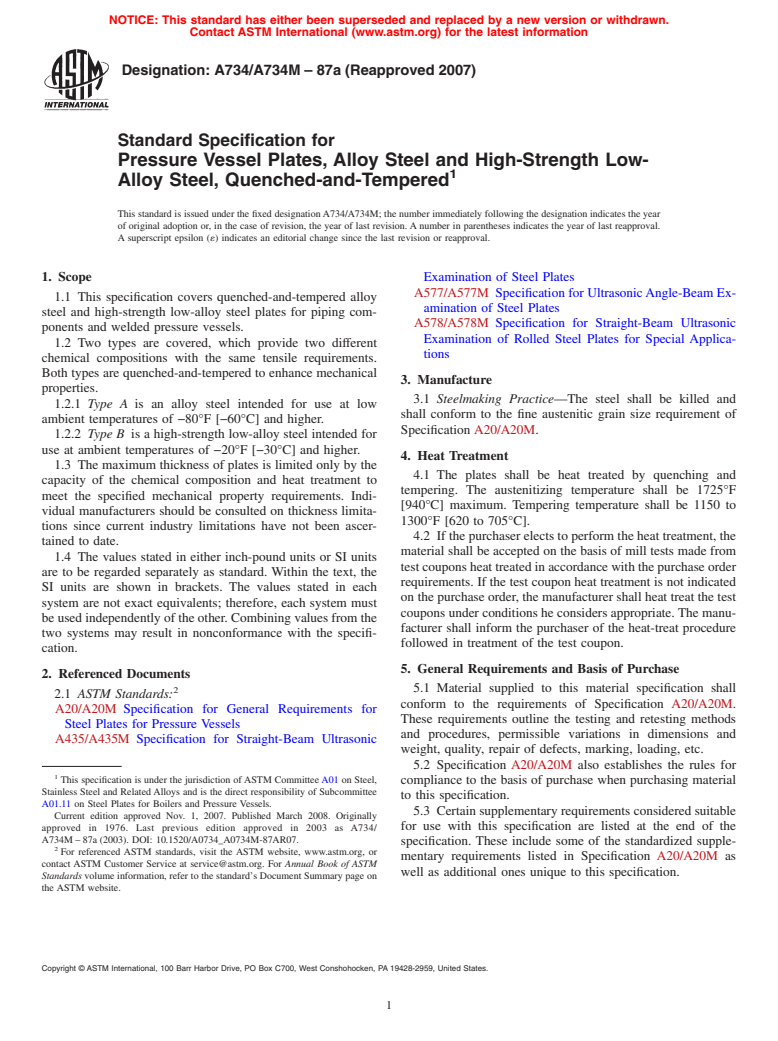 ASTM A734/A734M-87a(2007) - Standard Specification for Pressure Vessel Plates, Alloy Steel and High-Strength Low-Alloy Steel, Quenched-and-Tempered