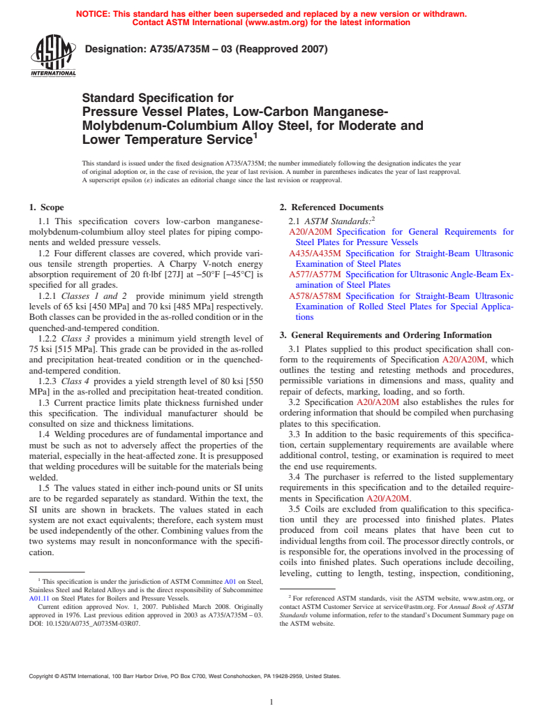 ASTM A735/A735M-03(2007) - Standard Specification for Pressure Vessel Plates, Low-Carbon Manganese-Molybdenum-Columbium Alloy Steel, for Moderate and Lower Temperature Service