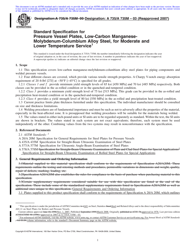 REDLINE ASTM A735/A735M-03(2007) - Standard Specification for Pressure Vessel Plates, Low-Carbon Manganese-Molybdenum-Columbium Alloy Steel, for Moderate and Lower Temperature Service