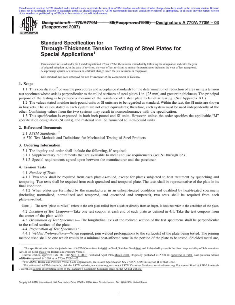 REDLINE ASTM A770/A770M-03(2007) - Standard Specification for Through-Thickness Tension Testing of Steel Plates for Special Applications