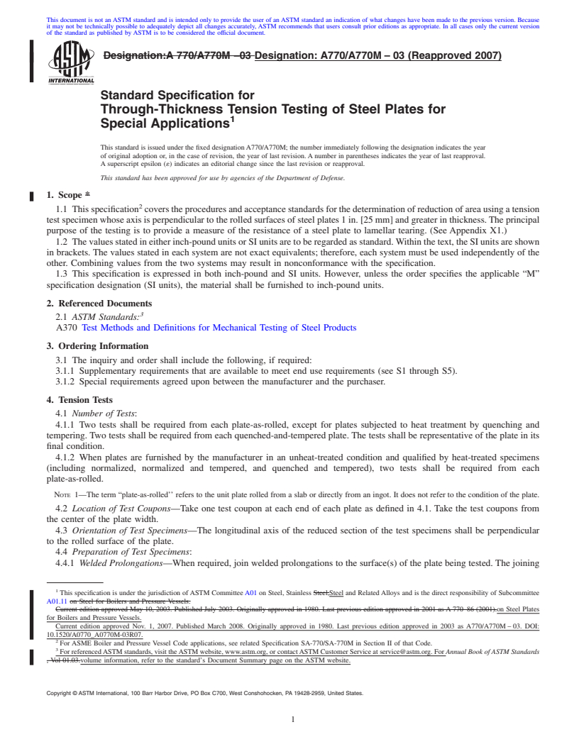 REDLINE ASTM A770/A770M-03(2007) - Standard Specification for Through-Thickness Tension Testing of Steel Plates for Special Applications