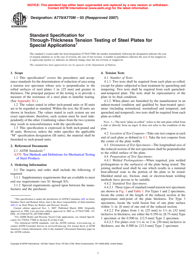 ASTM A770/A770M-03(2007) - Standard Specification for Through-Thickness Tension Testing of Steel Plates for Special Applications