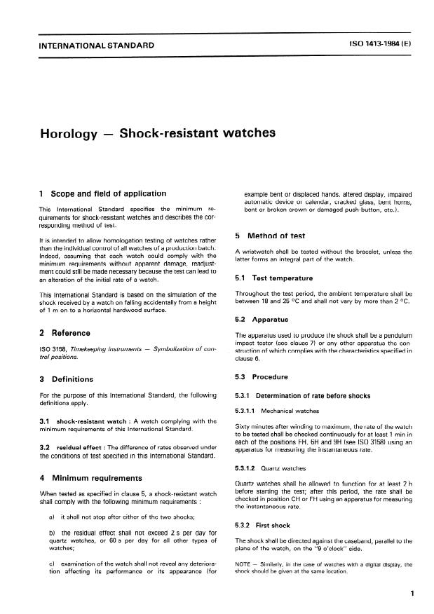 ISO 1413:1984 - Horology -- Shock-resistant watches