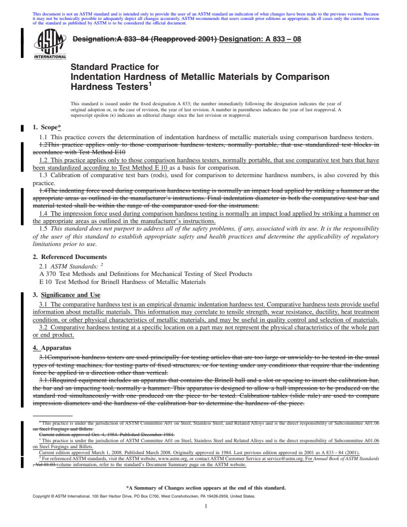 REDLINE ASTM A833-08 - Standard Practice for  Indentation Hardness of Metallic Materials by Comparison Hardness Testers