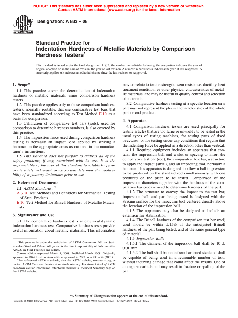 ASTM A833-08 - Standard Practice for  Indentation Hardness of Metallic Materials by Comparison Hardness Testers