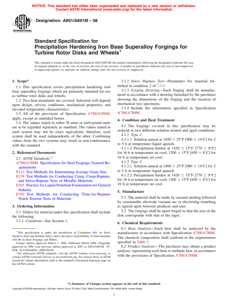 ASTM A891/A891M-08 - Standard Specification for Precipitation Hardening Iron Base Superalloy Forgings for Turbine Rotor Disks and Wheels