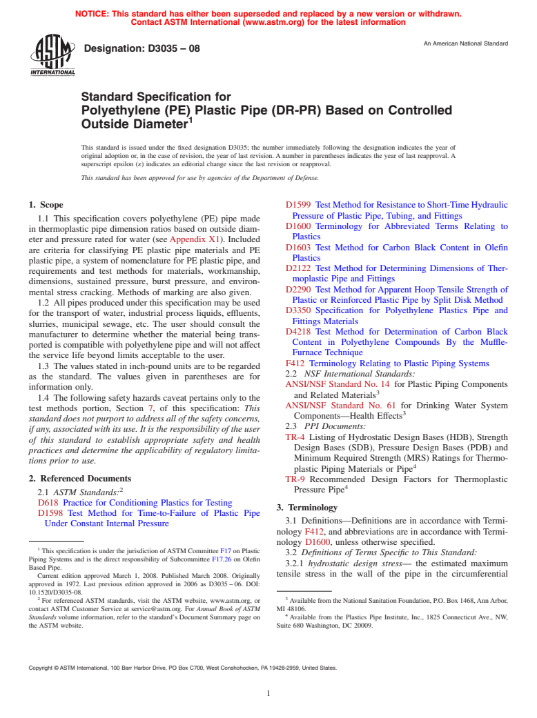 ASTM D3035-08 - Standard Specification for  Polyethylene (PE) Plastic Pipe (DR-PR) Based on Controlled Outside Diameter