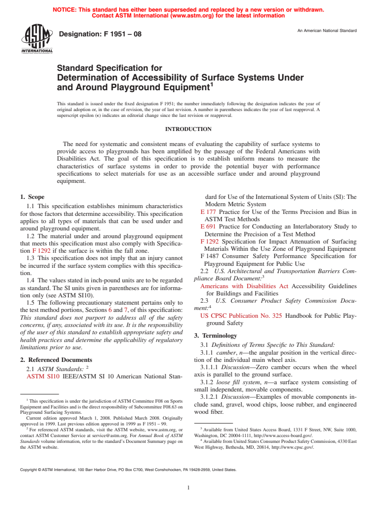 ASTM F1951-08 - Standard Specification for Determination of Accessibility of Surface Systems Under and Around Playground Equipment