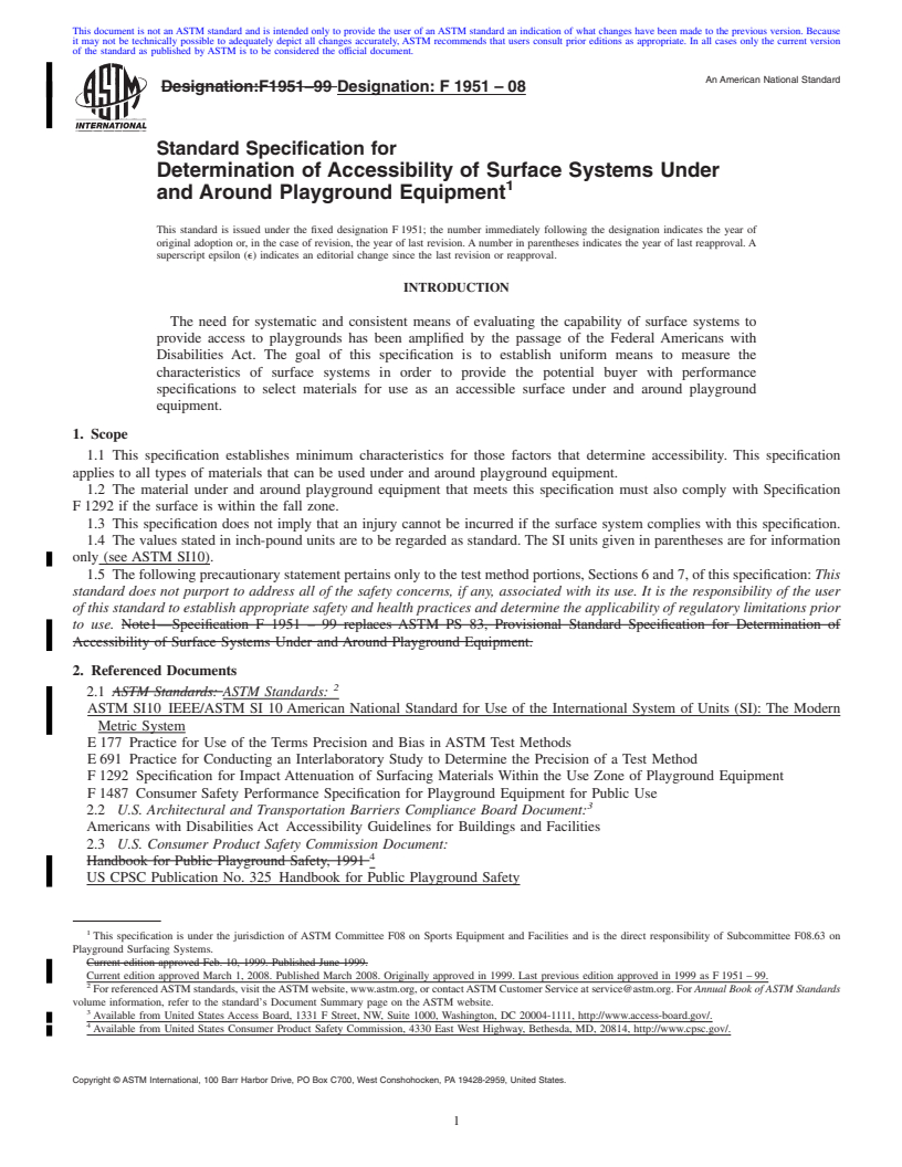 REDLINE ASTM F1951-08 - Standard Specification for Determination of Accessibility of Surface Systems Under and Around Playground Equipment