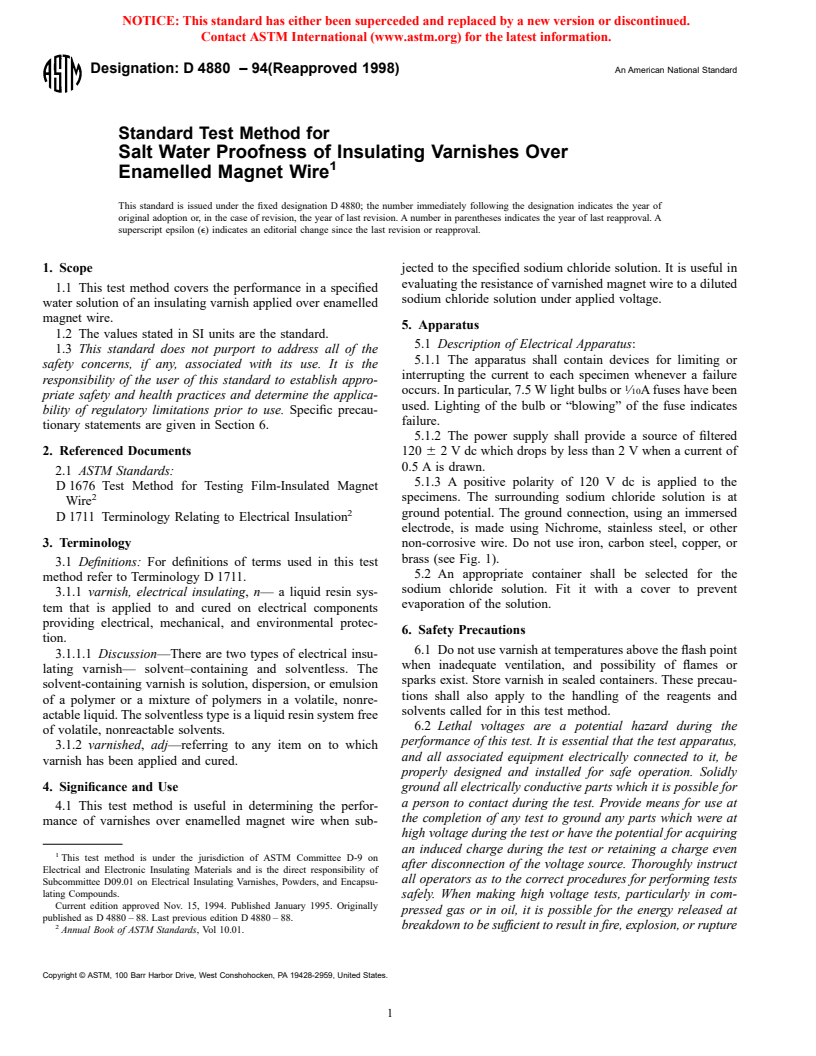 ASTM D4880-94(1998) - Standard Test Method for Salt Water Proofness of Insulating Varnishes Over Enamelled Magnet Wire