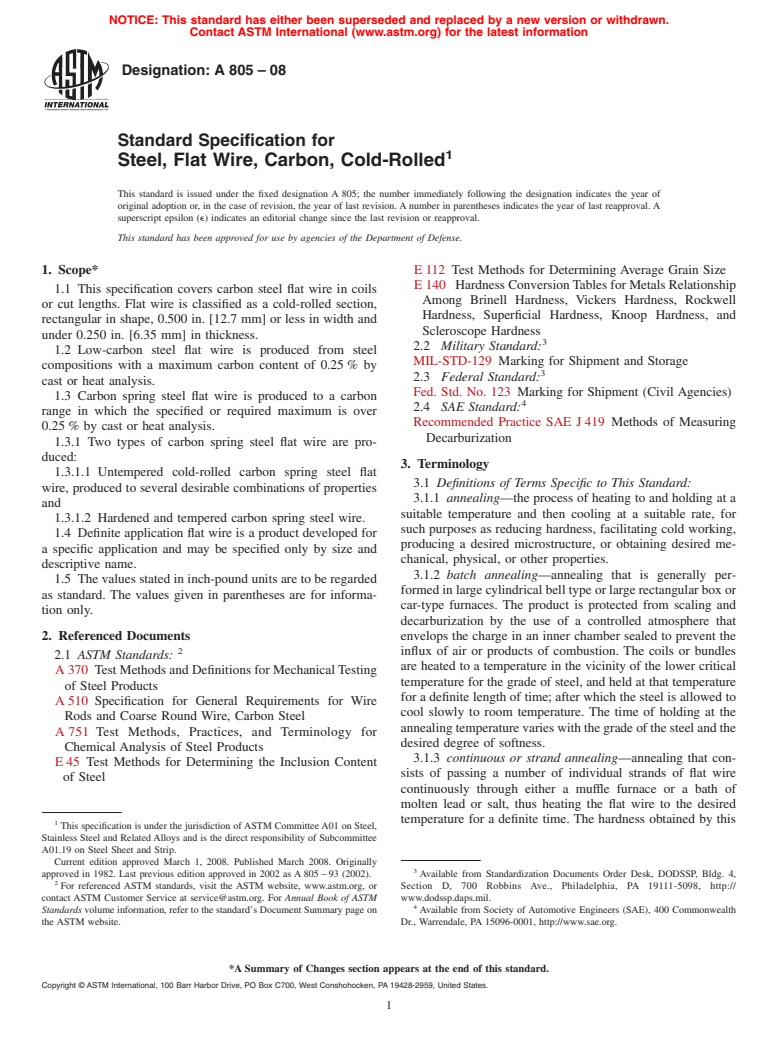 ASTM A805-08 - Standard Specification for  Steel, Flat Wire, Carbon, Cold-Rolled