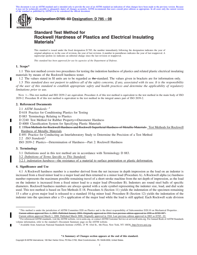 REDLINE ASTM D785-08 - Standard Test Method for Rockwell Hardness of Plastics and Electrical Insulating Materials