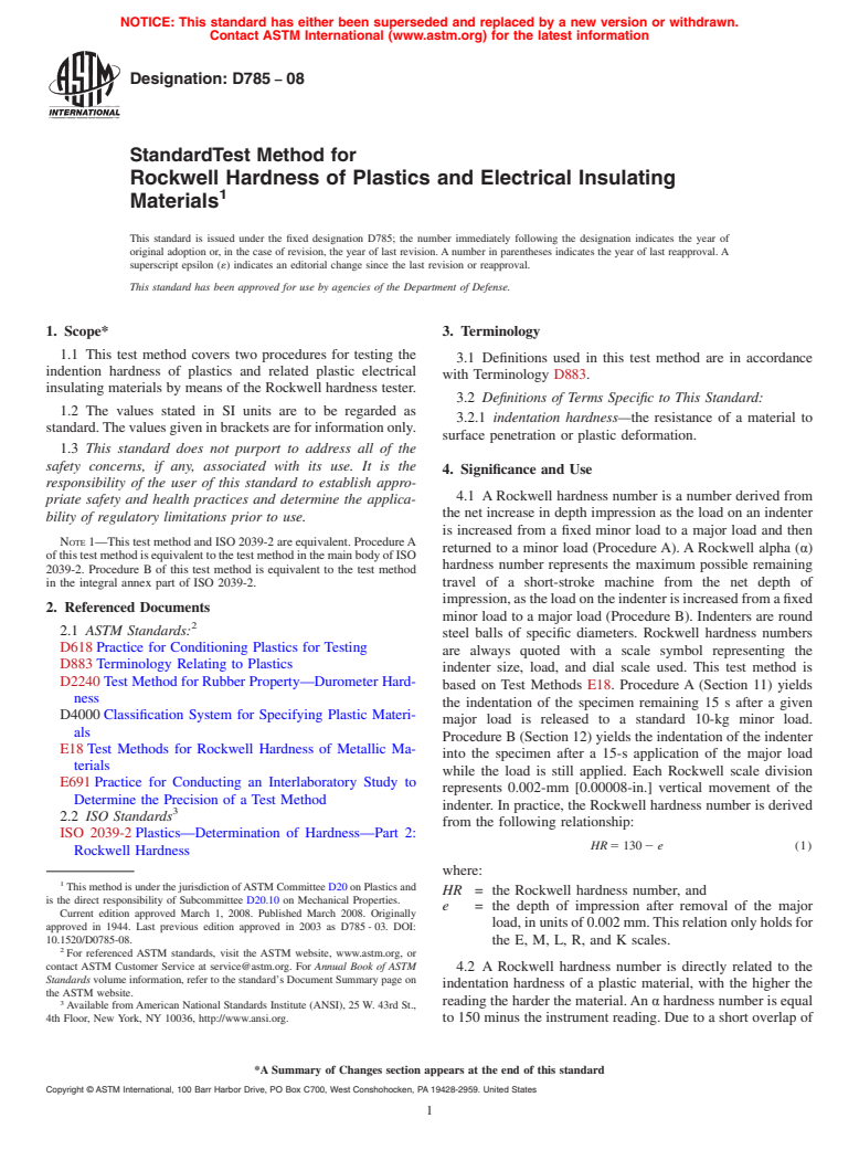 ASTM D785-08 - Standard Test Method for Rockwell Hardness of Plastics and Electrical Insulating Materials