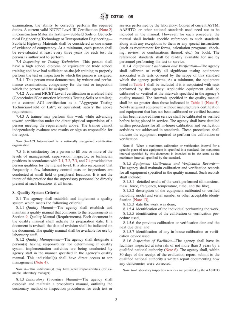 ASTM D3740-08 - Standard Practice for Minimum Requirements for Agencies Engaged in Testing and/or Inspection of Soil and Rock as Used in Engineering Design and Construction