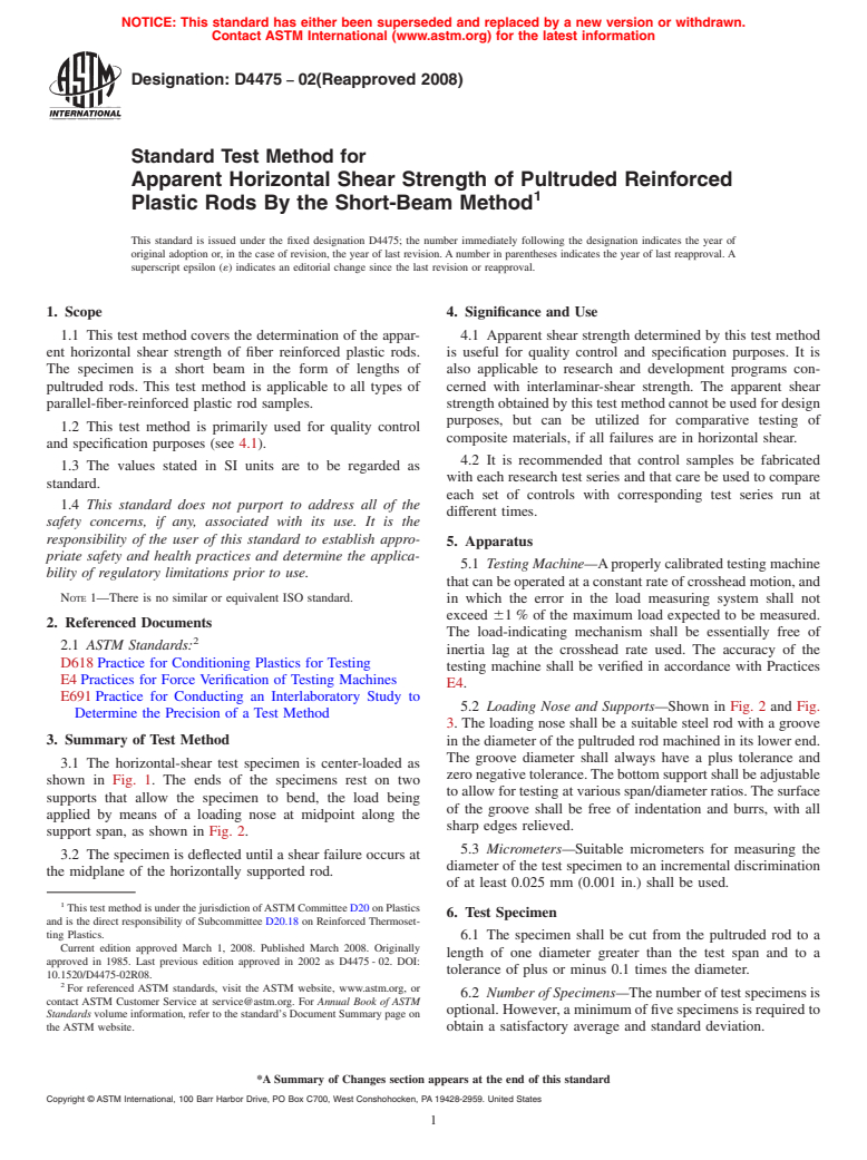 ASTM D4475-02(2008) - Standard Test Method for  Apparent Horizontal Shear Strength of Pultruded Reinforced Plastic Rods By the Short-Beam Method